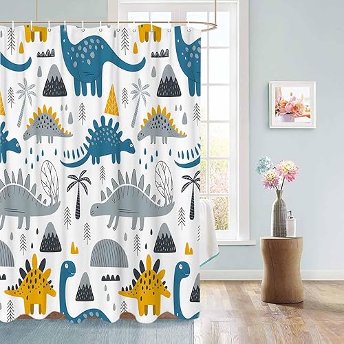 Miniatura 4 de Juego de cortinas de ducha impermeables con diseño de volcán de dinosaurios de dibujos animados, extra largas de 72 x 84 pulgadas, cortina de baño