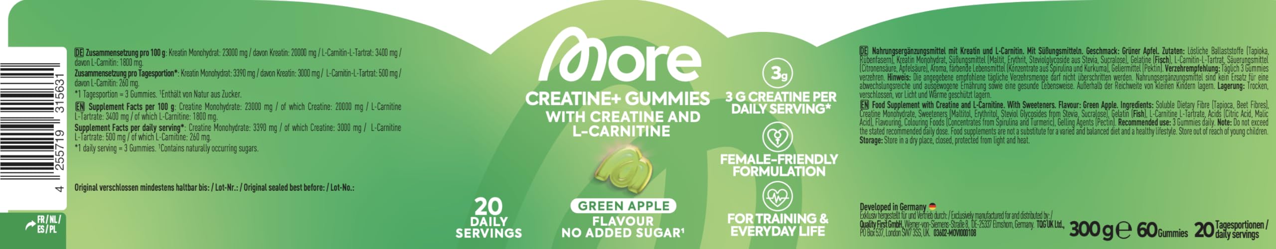 MORE Creatine+ Gummies, 60 Gummies, Green Apple, Nahrungsergänzungsmittel mit Kreatin und L-Carnitine