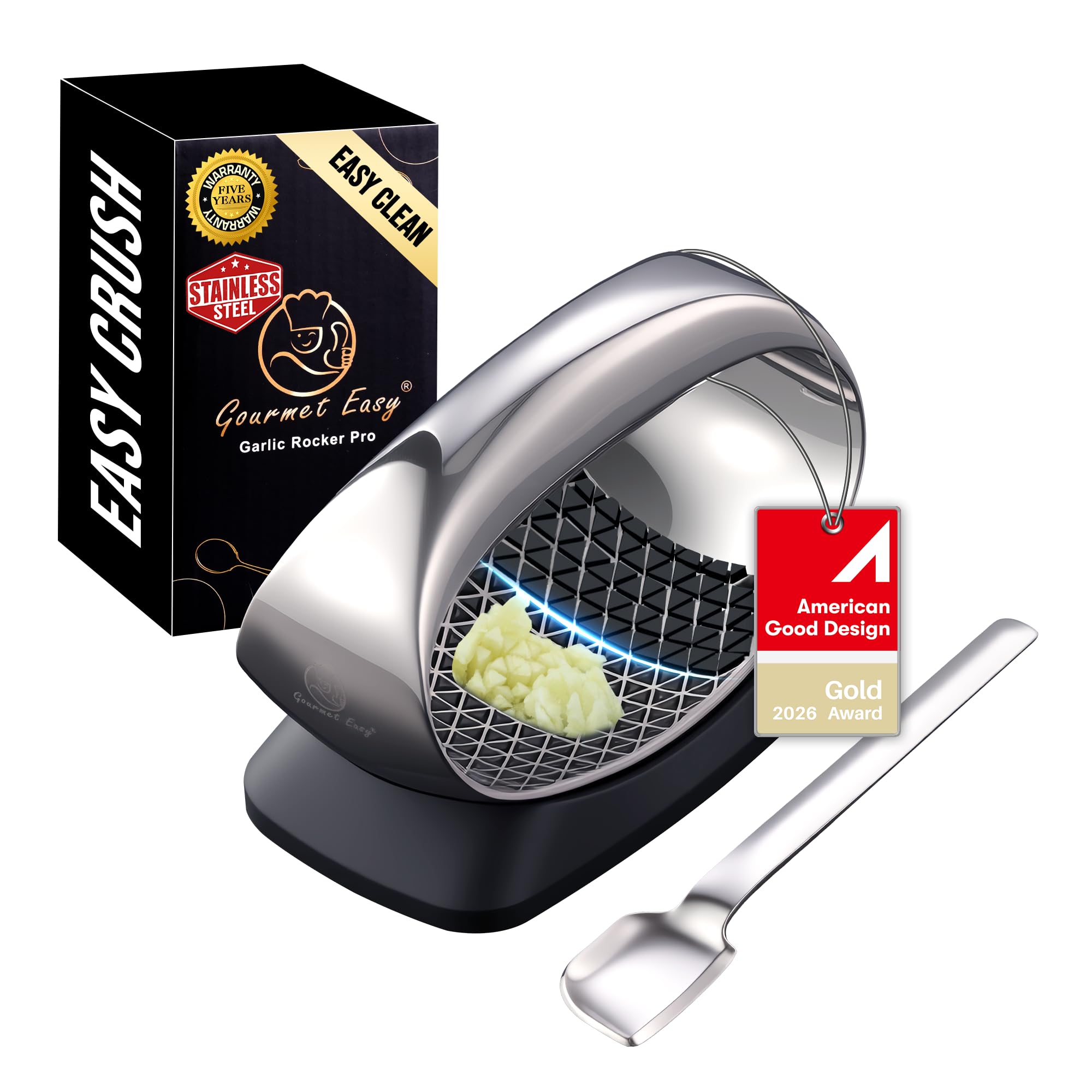 Gourmet Easy Stainless Steel Garlic Press Rocker with Eject Base & Scraper