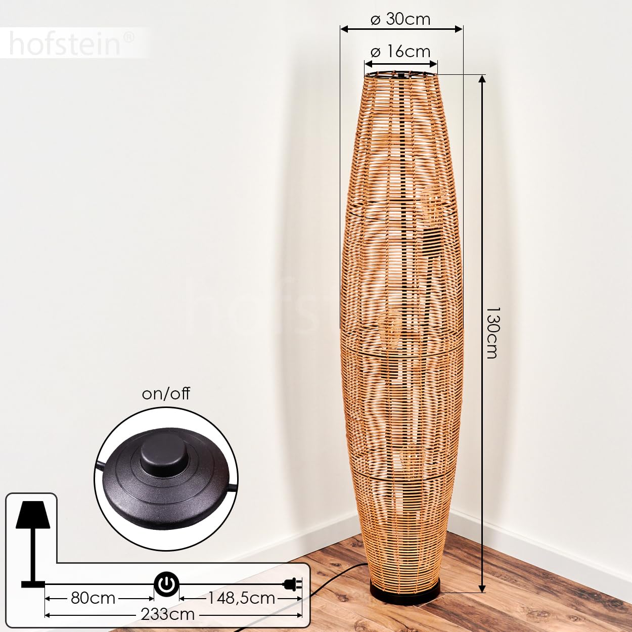 hofstein Mulstrand Lampadaire moderne en métal/rotin noir/naturel, lampe au design bohème abat-jour en grille, interrupteur marche/arrêt sur le câble et effet lumineux, 3 ampoules E27, sans ampoule