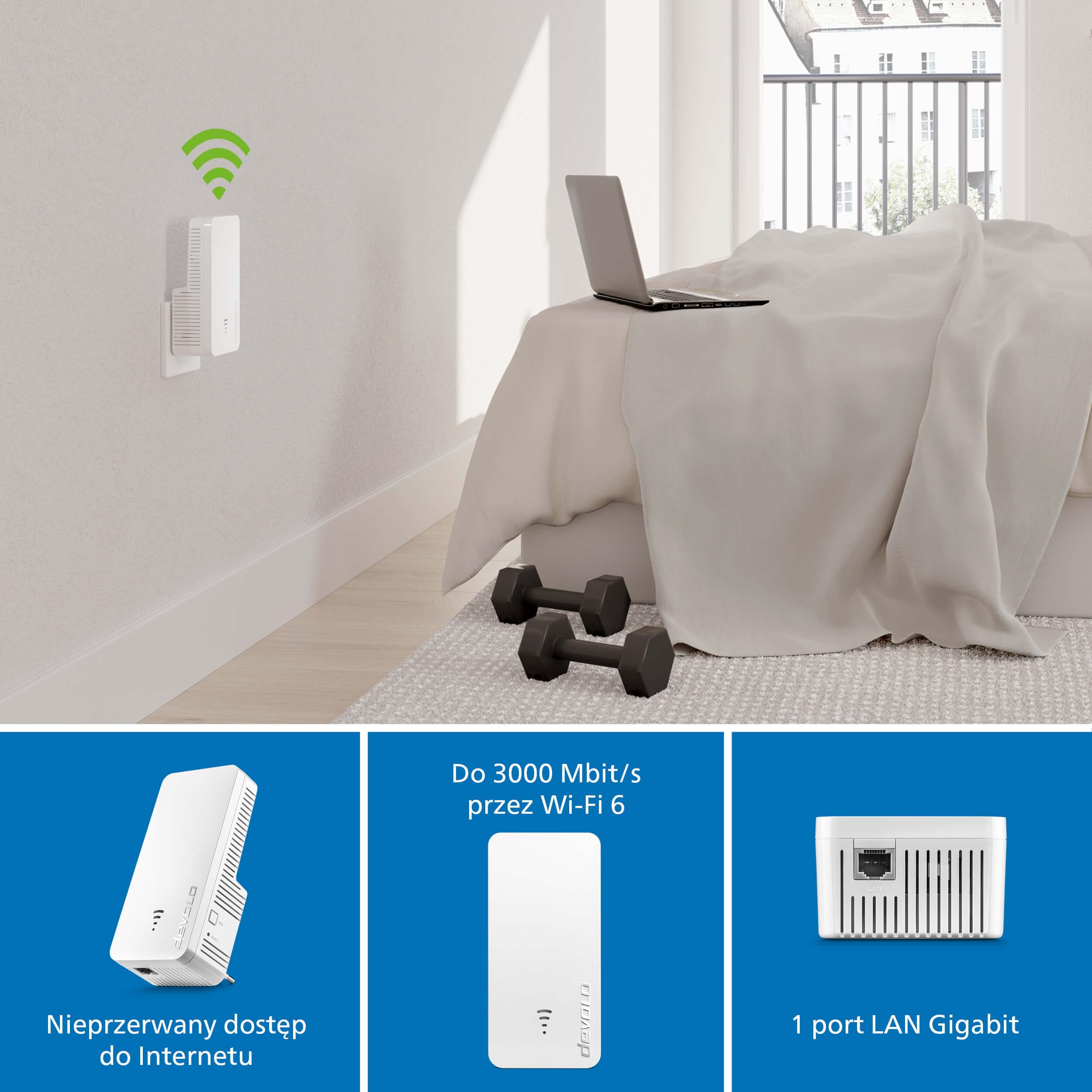 devolo WiFi 6 Repeater 3000, repeater Wi-Fi, do 3 000 Mbit/s, wzmacniacz Mesh Wi-Fi, punkt dostępowy, extender Wi-Fi, 1x port Gigabit LAN, biały