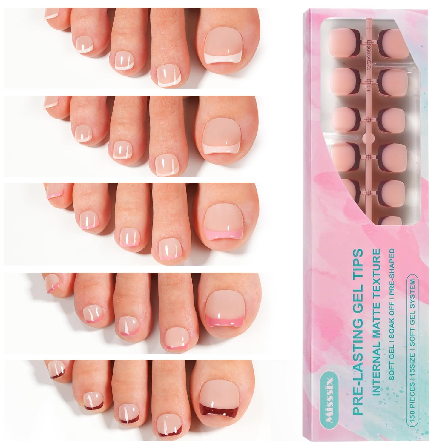 Misssix Press On Toe Nails Short, 150Pcs French Toe Nail Tips, 5 Colors Square Soft Gel Fake Toe Nail Tips Extensions for Women Nail Art DIY 15 Sizes