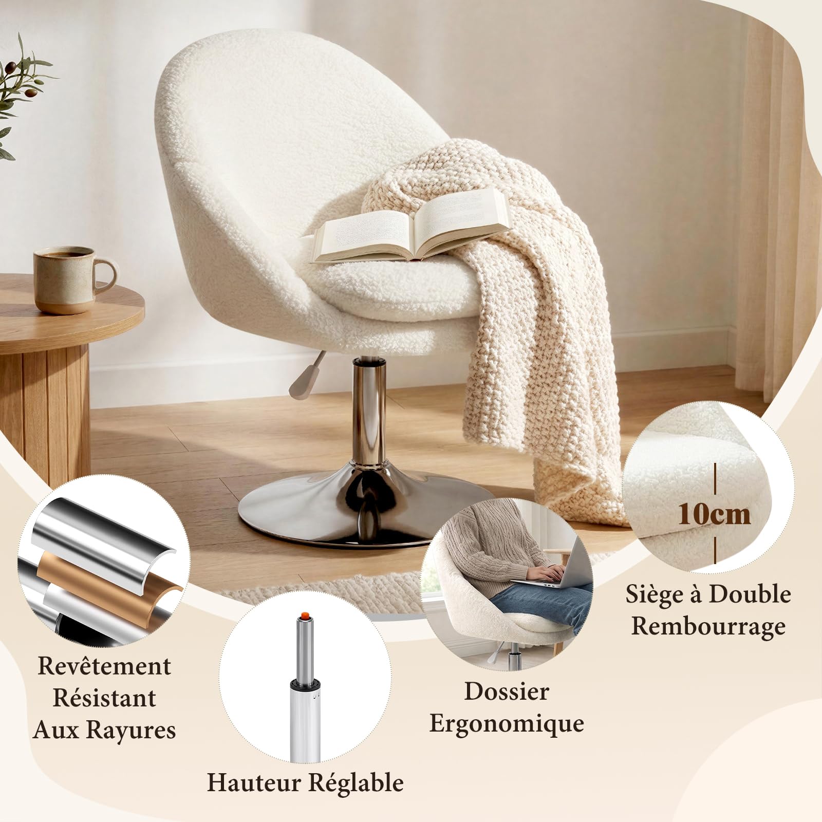 Hellove Chaise Coiffeuse Sherpa Blanc, Tabouret de Coiffeuse 360° Pivotant, Tabouret Siège Vanity Chair Hauteur Réglable avec Rembourrage Épais (10 cm) Double Couche pour Salon Chambre, 127 KG
