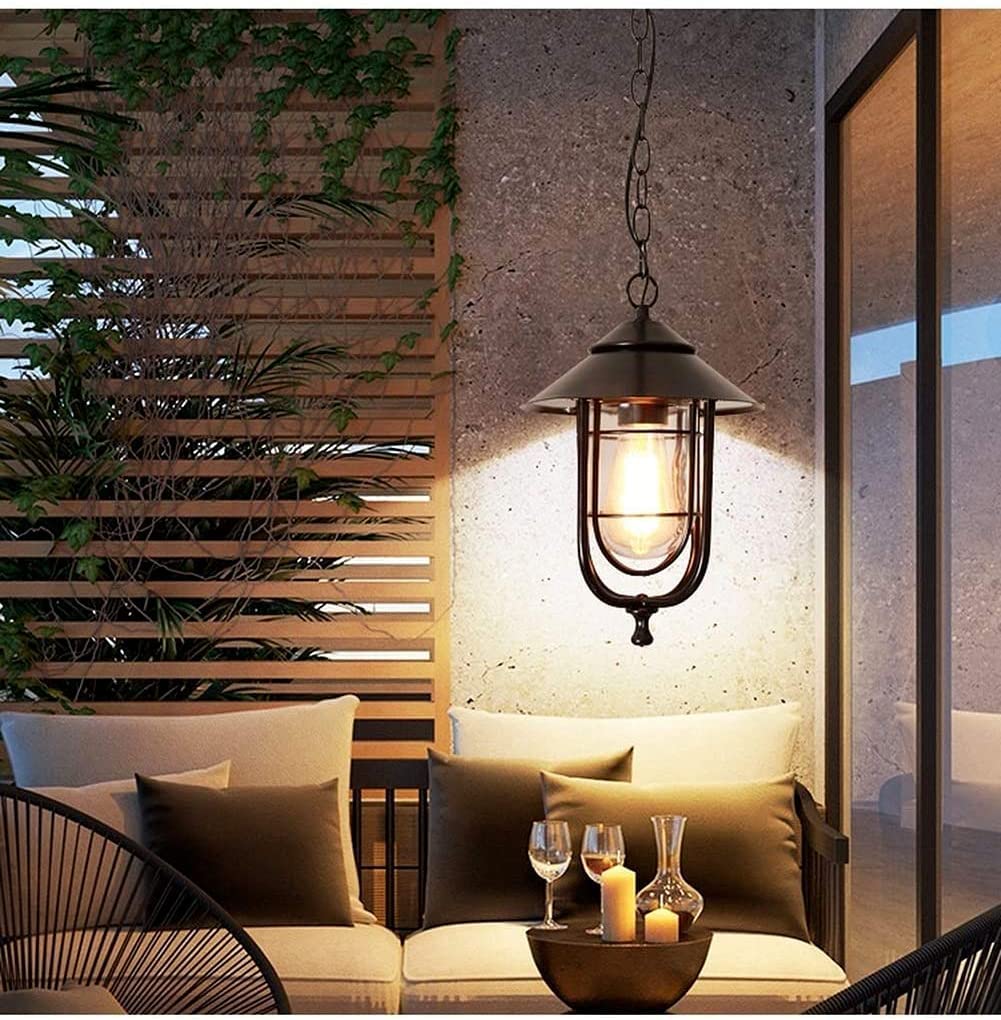 1-Light Exterior Hanging Lantern Lighting for Porch, Indoor Outdoor Pendant Light Fixtures, Height Adjustable Farmhouse Light with Sanded Black Finish Clear Glass Interesting