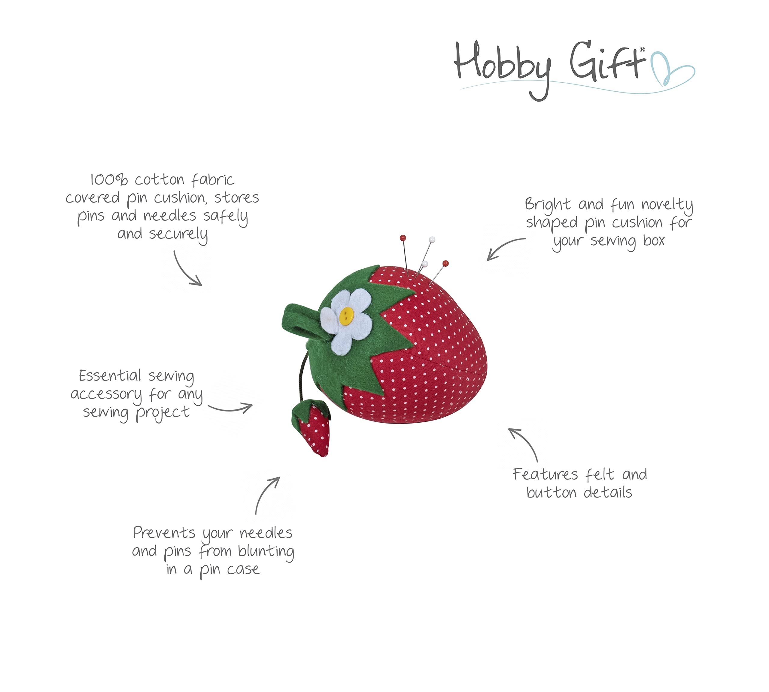 Hobby Gift Nadelkissen aus Stoff, 6,5 x 6,5 x 9 cm, Erdbeere