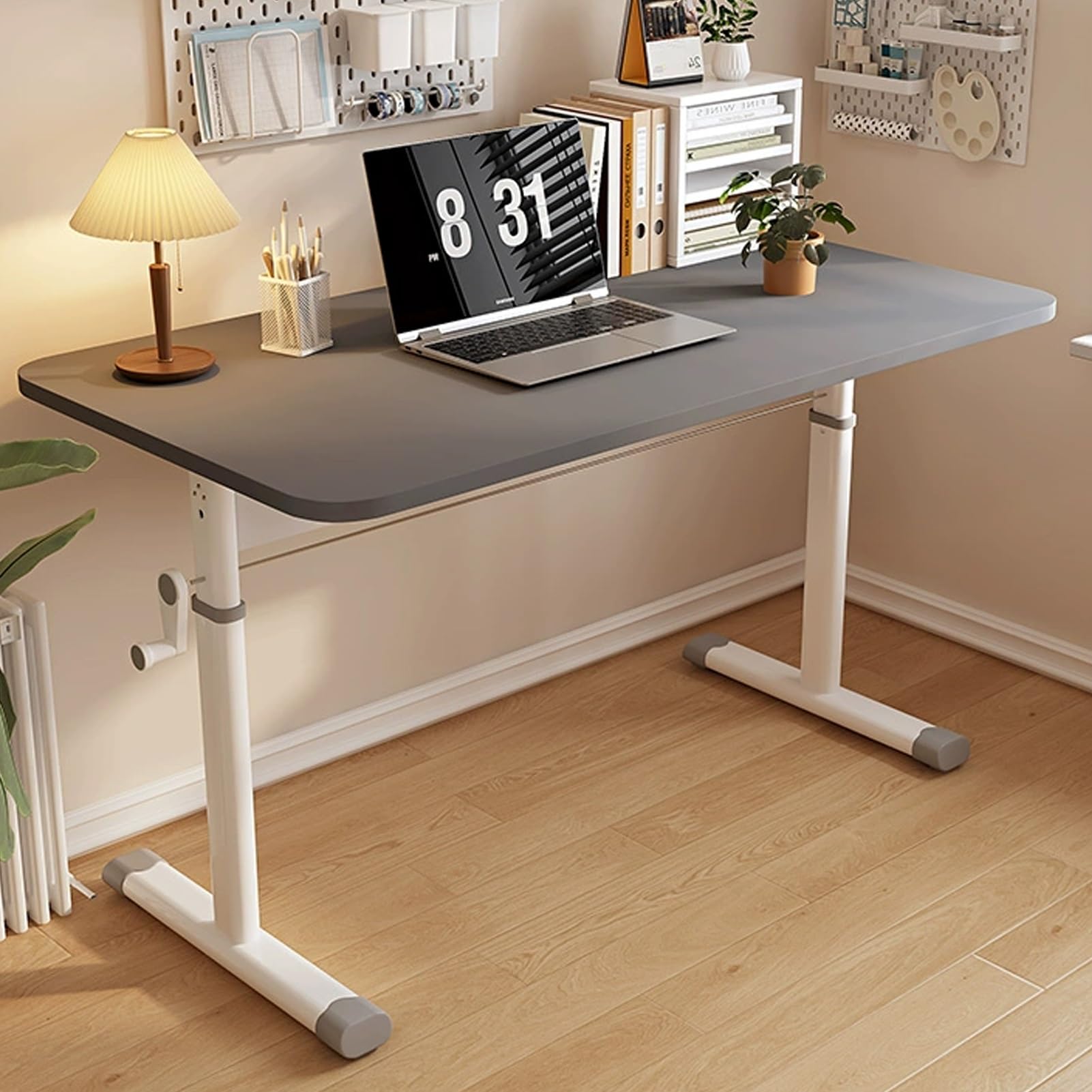 Bureau d'ordinateur à levage manuel ergonomique avec grand plateau pour télétravail
