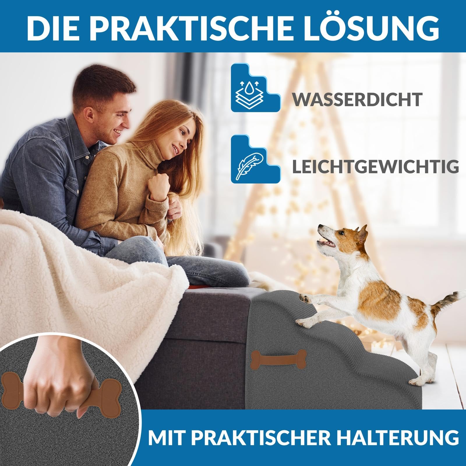 Hundetreppe 3 Stufen, 40 cm hoch, Hochdichter Schwamm Haustiertreppe Hundetreppe für kleine Hunde, rutschfest Tragbar Hunderampe Katzentreppe mit Waschbar Plüschbezug für Sofa Betten