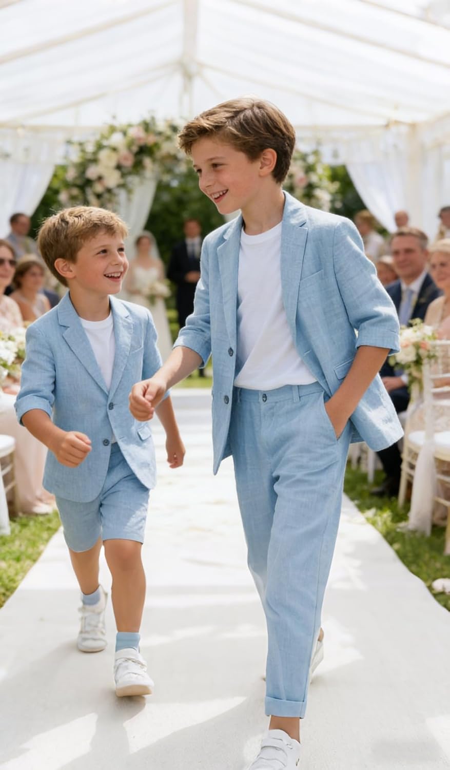 Boy Summer Linen Suit for Kids Slim Fit Beige Tuxedo Suits for Toddler Wedding Ring Bearer Outfit 2 Piece Jacket Pants Set