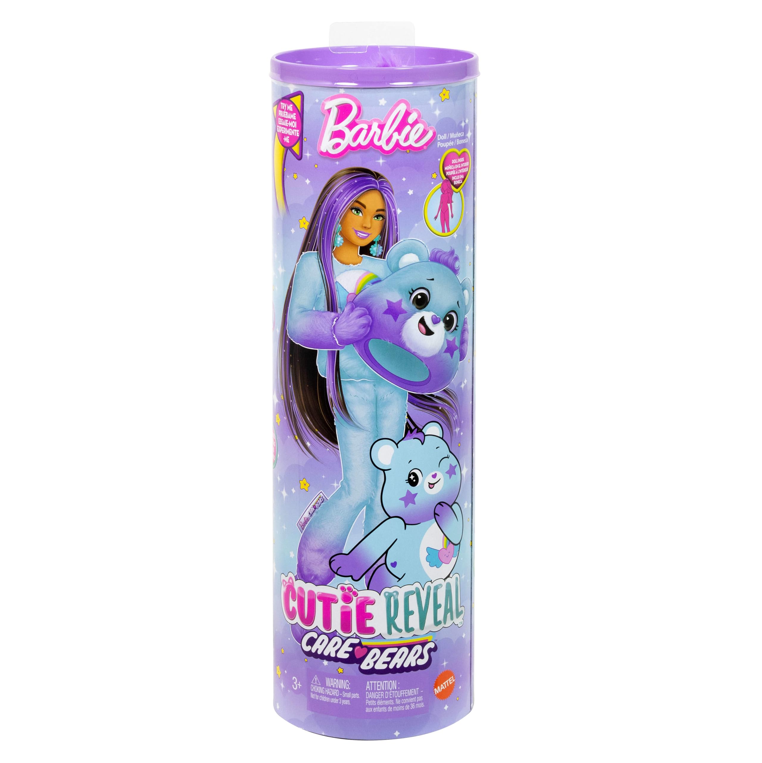Barbie - Dream Bright Bear, bambola Cutie Reveal Care Bears Serie 2 con costume in peluche e mini orso, 10 sorprese e accessori con effetto cambia colore, giocattolo per bambini, 3+ anni, JFV61