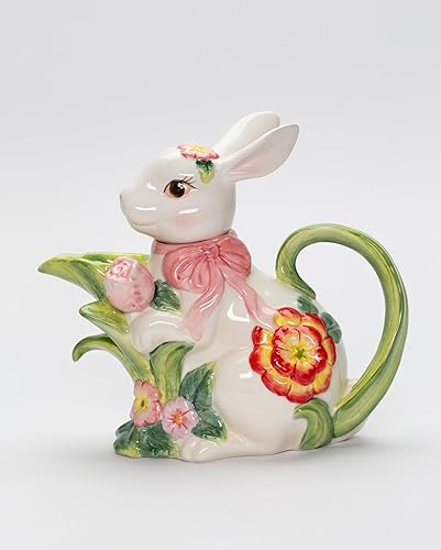 Miniatura 4 de 10445 Tetera de conejo primaveral de cerámica fina con tulipán rosa y flores, 7-5/8" L