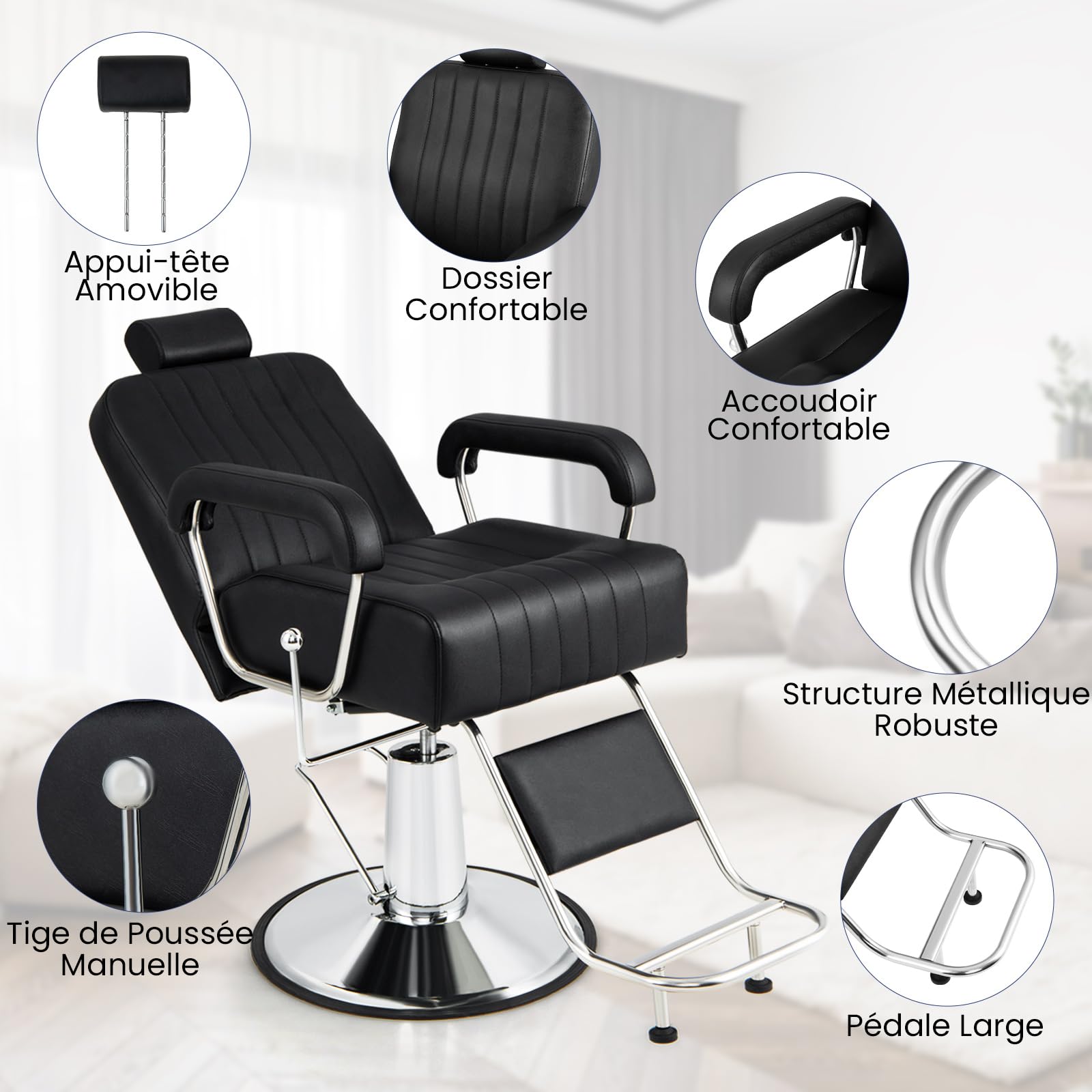 RELAX4LIFE Sillón Giratorio 360°, Silla de Peluquería Reclinable con Reposacabezas Ajustable, Reposapies, Altura de Asiento 59-72cm, Equipo de Peluquería para Salón de Belleza, Carga 150 kg (Negro)