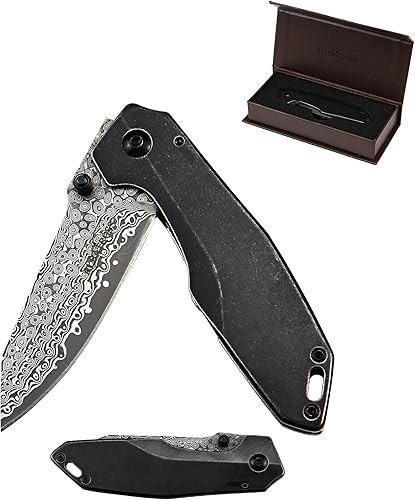 ALBATROSS Cuchillo plegable EDC de 7 pulgadas con hoja de acero de damasco VG10, mango retro, clip para cinturón y caja de regalo marrón