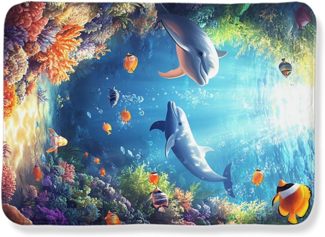 Dolphins swimming happily in the ocean, colorful seaweed bio rug, washable non-slip rug suitable for Children's room decoration, suitable for living room and kitchen hallway indoor rug 24x36inch