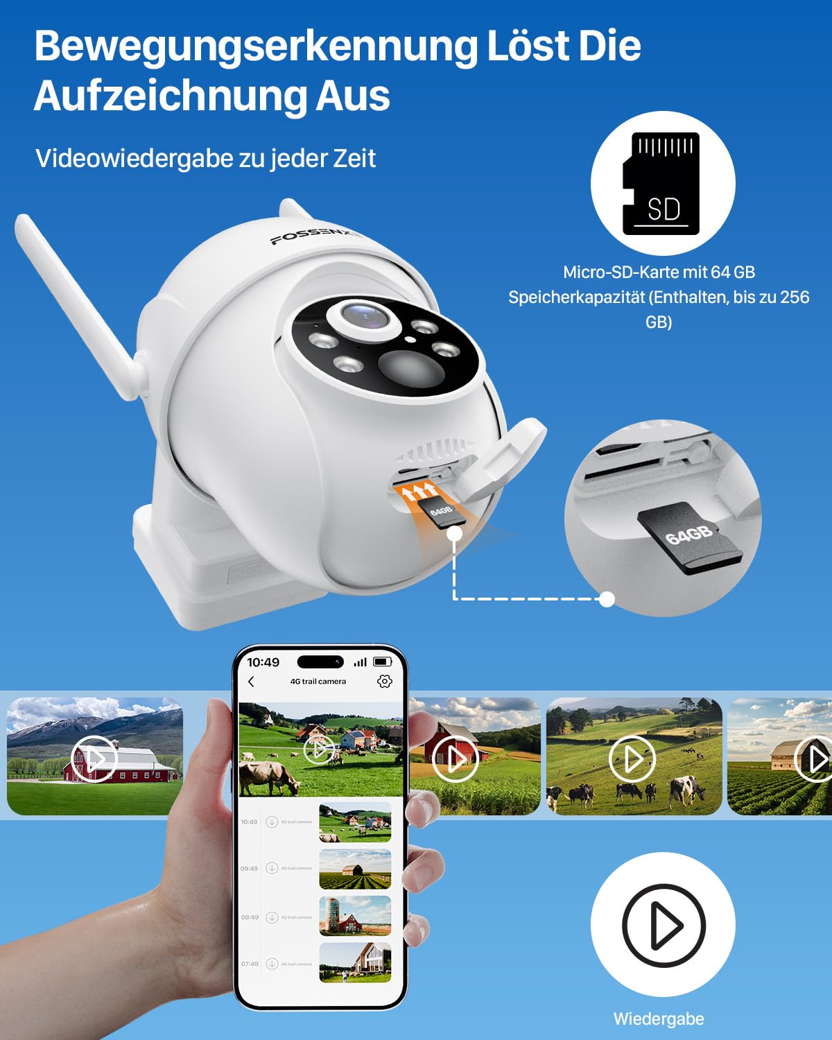 4G LTE Überwachungskamera Aussen Solar mit SIM Karte + 64GB Kartenspeicher - 2K HD 4MP PTZ Solar Kamera Outdoor Kabellose, Automatische Nachverfolgung, Farb-Nachtsicht, IP66 (Ohne WLAN)