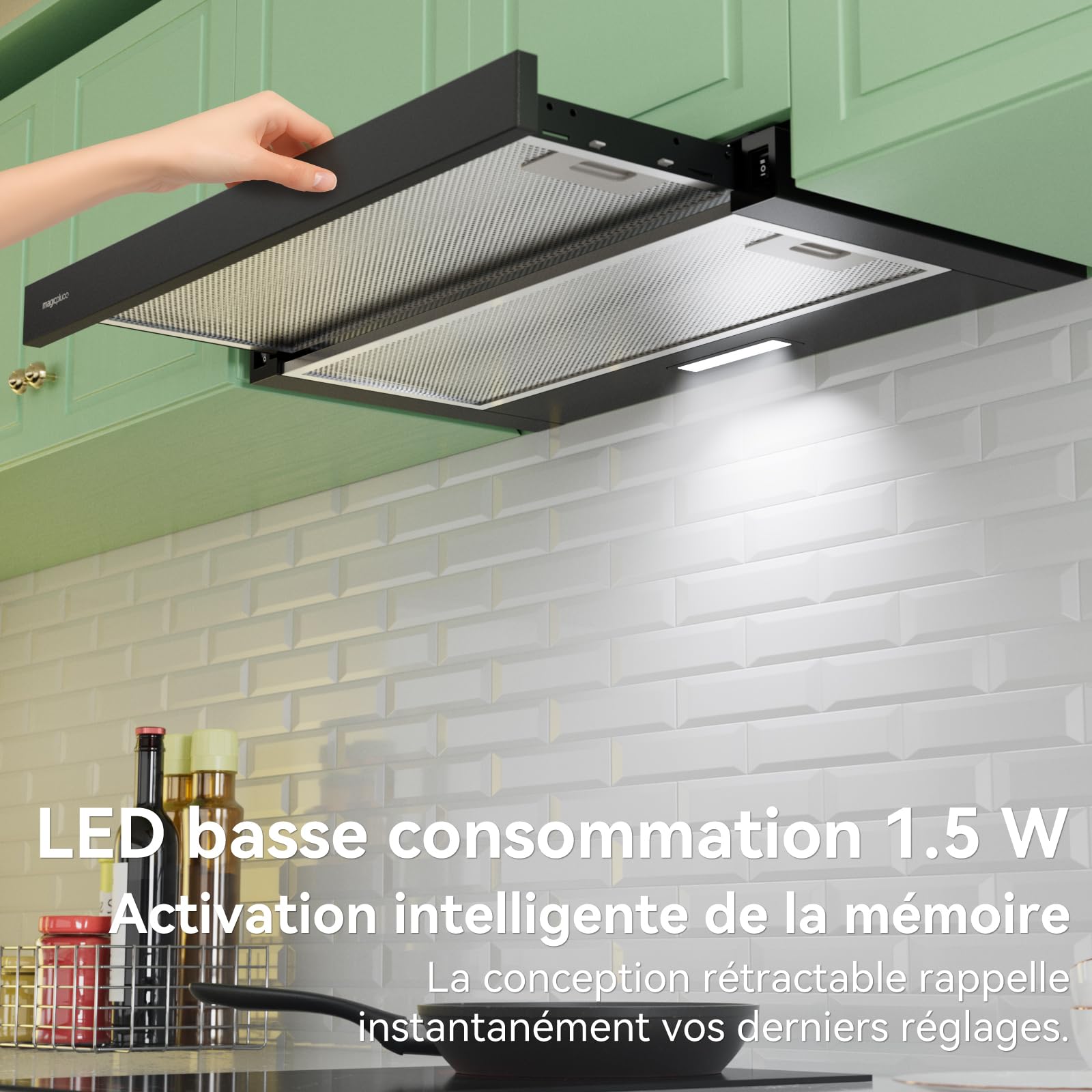 magicplux Hotte aspirante Téléscopique 60 cm Noir – 370 m³/h, Classe A, Éclairage LED, 60/65 dB, Extraction & Recyclage, Filtre à Charbon Inclus | 2 Vitesses,Classe A, Éclairage LED, 60/65 dB, Extraction & Recyclage, Filtre à Charbon Inclus