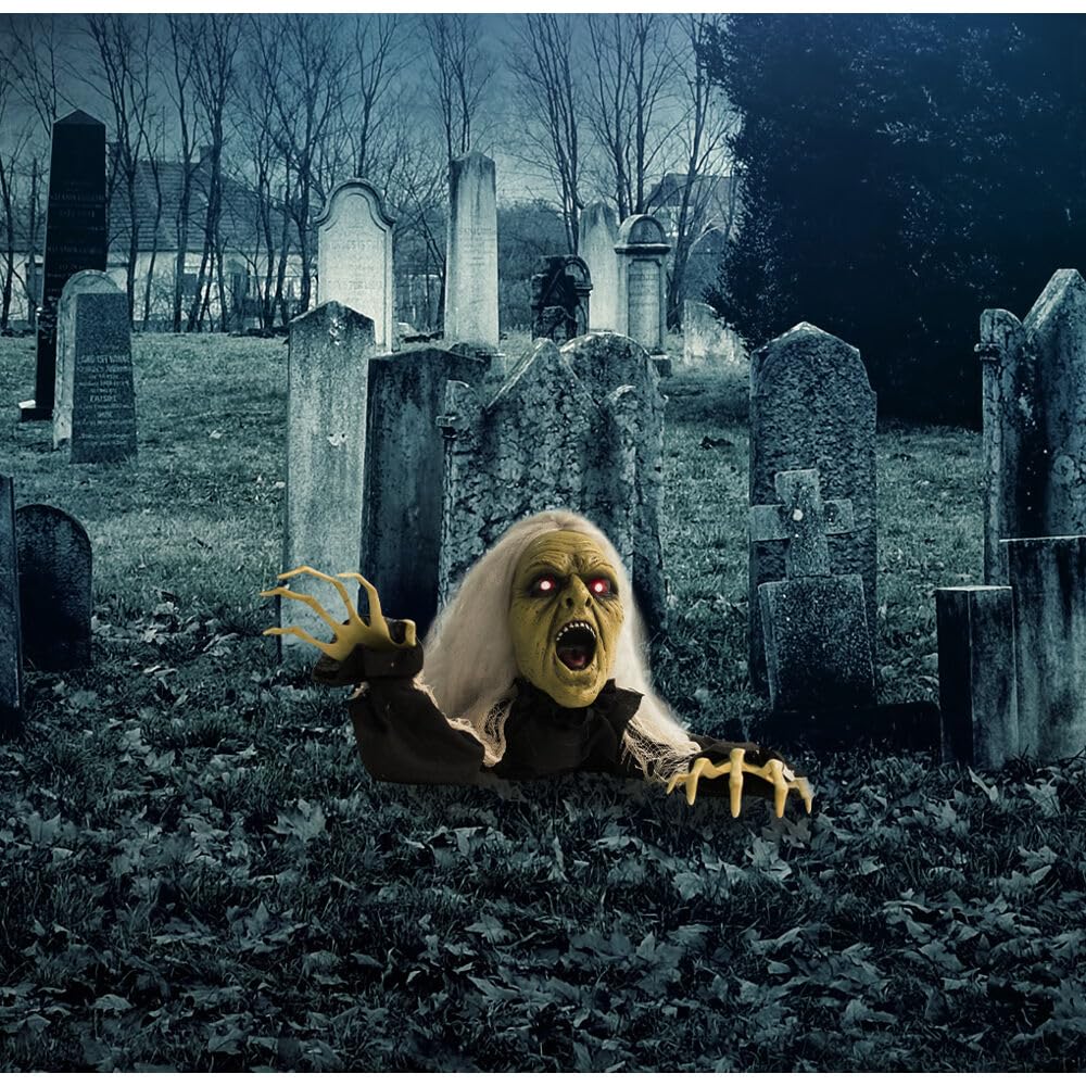 Haunted Hill Farm 60 in. Animatronic Witch, Indoor/Outdoor Halloween Decoration, Flashing Red Eyes, Crawling, Battery-Operated