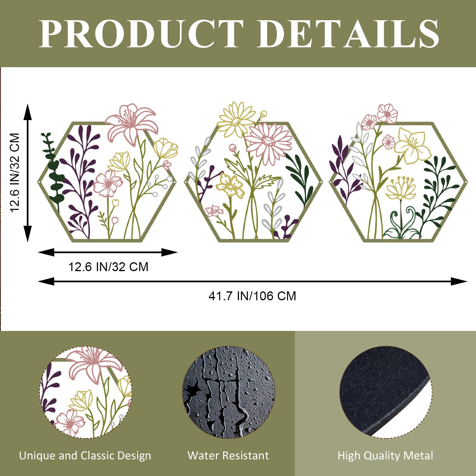 ESTART 3 Pcs Metal Flower Wall Decor, Minimalist Floral Wall Hanging Art - Image 2