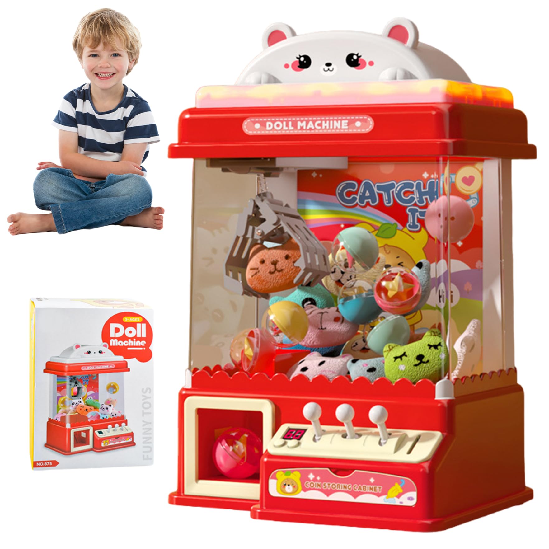 Macchina per artigli per bambini, macchina per artigli a tema orsetto carino con 10 bambole, 10 uova e 20, mini festa di compleanno di Natale a doppia alimentazione per bambini, ragazzi e ragazze
