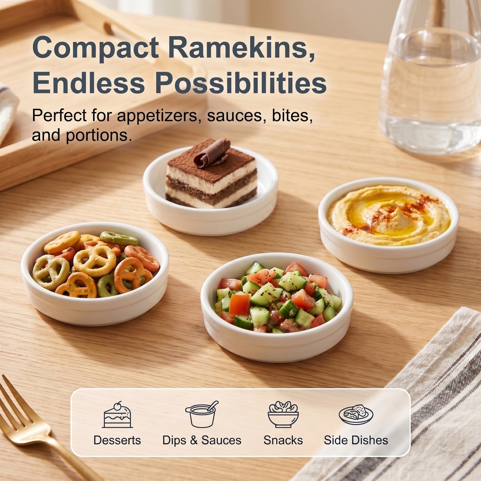 ONEMORE Creme Brulee Ramekins - Platos de cerámica para hornear de 4 onzas, juego de ramequines aptos para horno, tazas pequeñas de porcelana para soufflé, natillas, salsa de inmersión, utensilios de