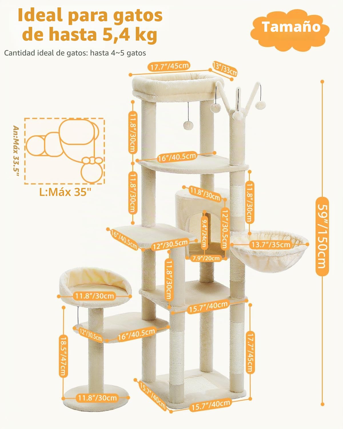 PETEPELA Árbol Rascador de 150 cm, Torre de Varios Pisos para Gatos Grandes y Medianos, con Hamaca Grande, Apartamento Privado, Rascador de Sisal y Bola de Pompón Esponjosa