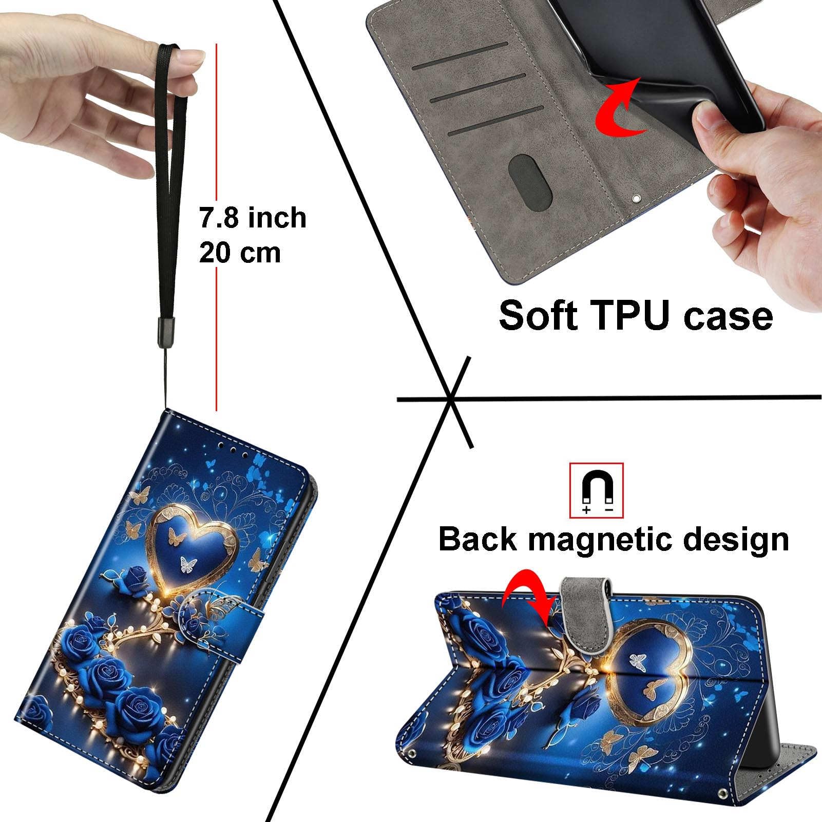 JIUNINE Cover Portafoglio Con Farfalla Per Honor Magic6 Lite 5G - Blu - Custodia In PU Con Slot Carte E Supporto