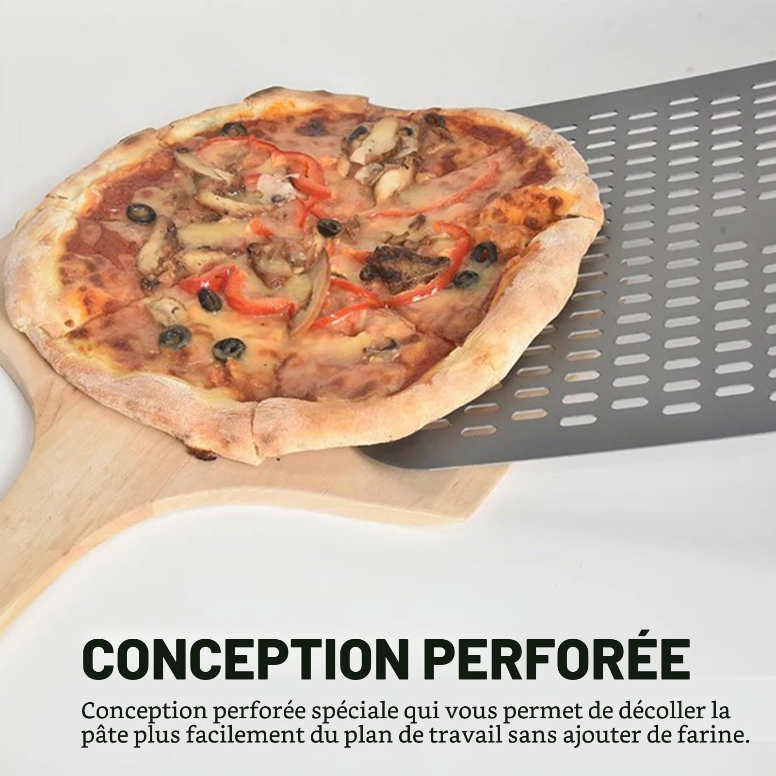 Vivo Technologies Pelle à pizza perforée en aluminium de 30,5 cm avec long manche pour soulever la pizza, pelle à pizza antiadhésive pour boulangerie professionnelle, pizza, pain