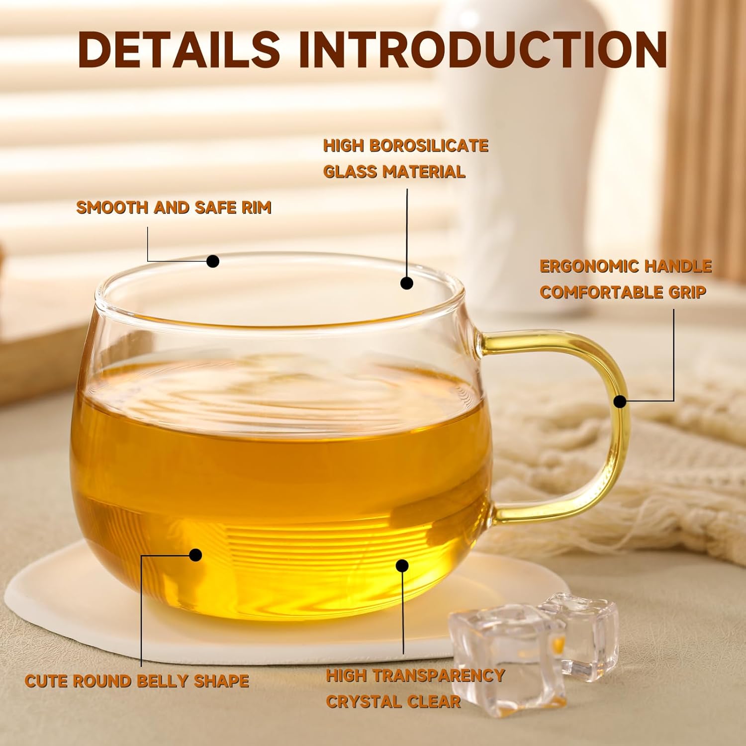 Glass Tea Cups Set of 4, Clear Borosilicate Glass Teacups with Colorful Handle for Tealover, Dishwasher & Microwave Safe Large Coffee Mugs for Espresso Cappuccino Latte Juice, 12OZ/360ML - Image 5