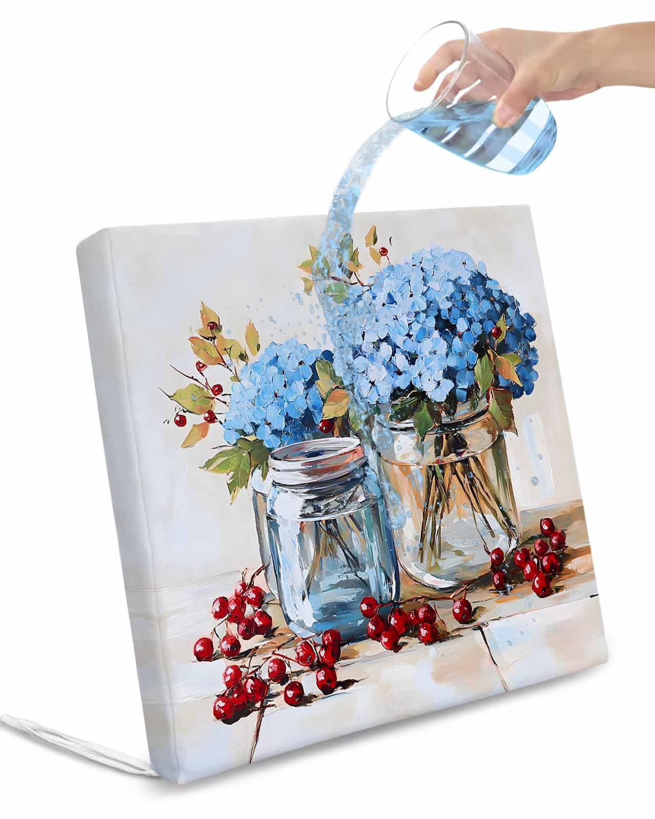 2 Pack Flowers Fruit Waterproof Cushion Covers with Ties, Outdoor Patio Chaise Lounge Chair Seat Cushion Slip Covers Replacement(Only Cover) Blue Hydrangeas Vintage Farm Leaves 24