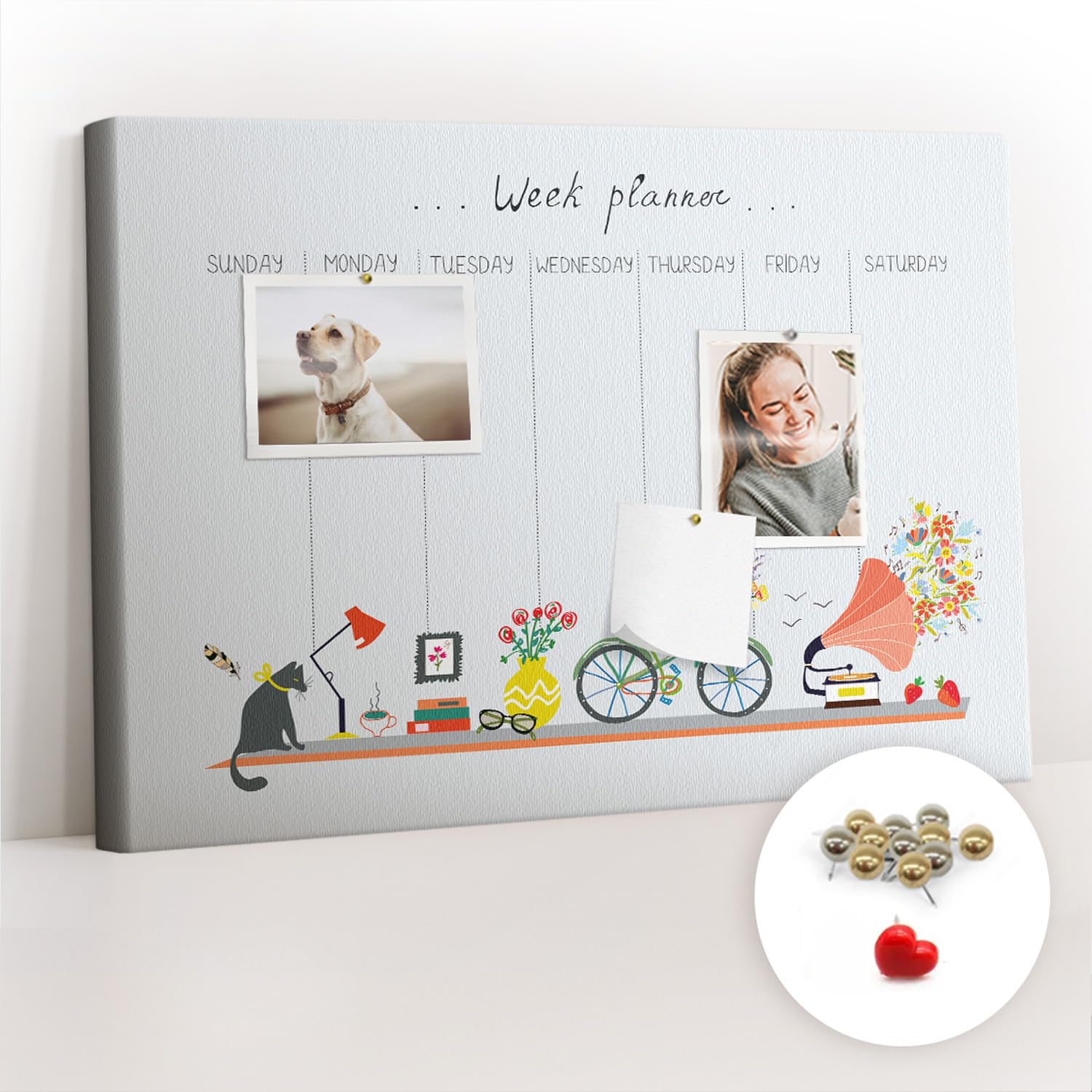 Pinnwand Korkmaterial Set inkl. Stecknadeln | Funktionale Infotafel für Büro, Schule, Küche | Organisation von Aufgaben, Notizen, Terminen, Fotos, Projekten 60x40 - metallisch - Wochenplaner