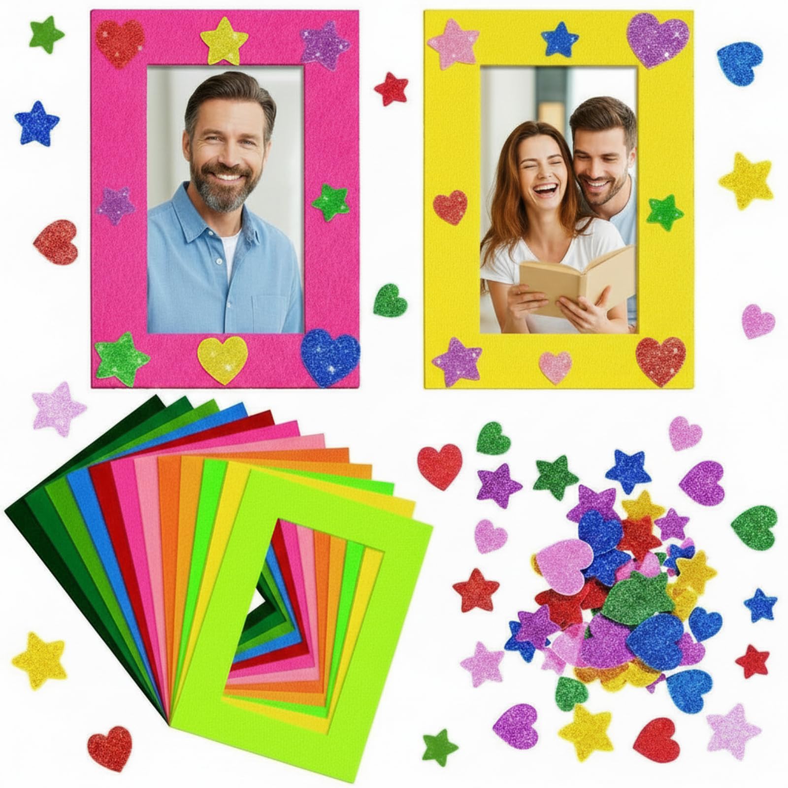 Jetec 24 Pieces Colorful Felt Photo Frames Holiday Picture Frames and 50 Pieces Colorful Glitter Foam Stickers for Home and Office Decoration 4 x 6