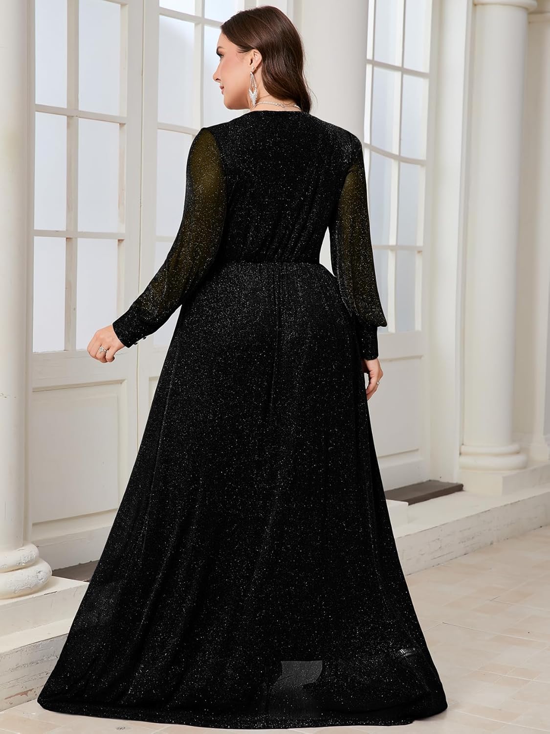 Plus Size Sparkly Formal Maxi Dress Long Sleeve Deep V-Neck Mesh Dresses with Slit Cocktail Wedding Evening Gown - Image 5