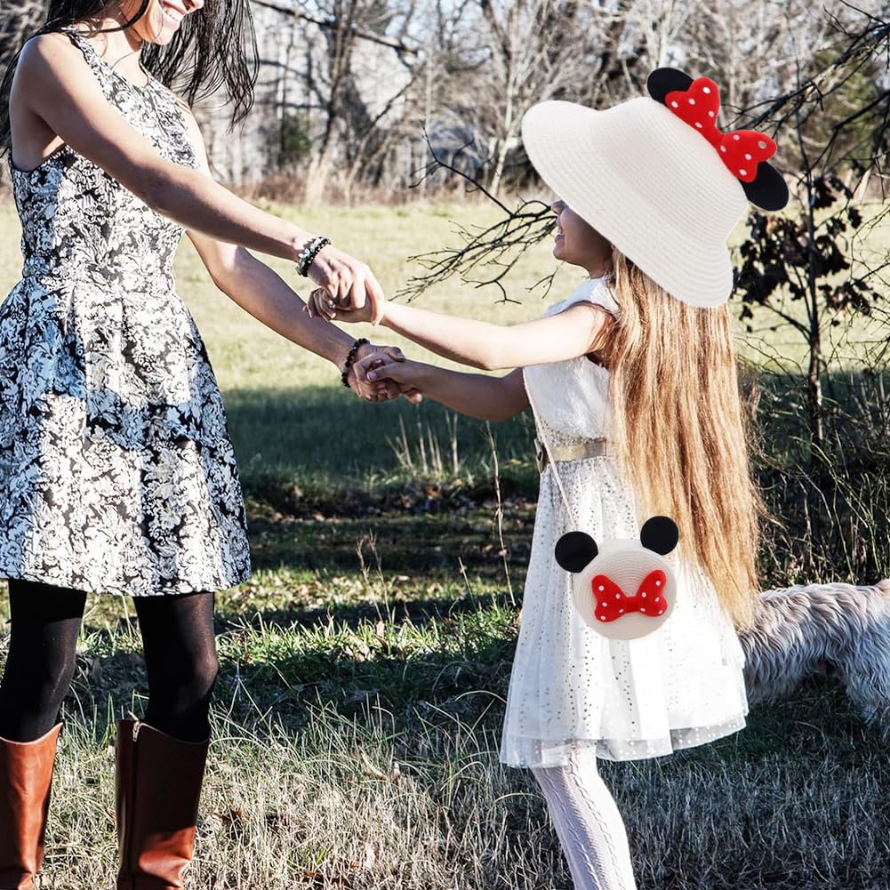 OPVXZADEnsemble Chapeau en Paille et Sac à Main pour Filles,Chapeau de Soleil Ensembleavec Design Noeud d'oreille de Rat pour 4-8 Ans Vacances Plage Voyage Randonée