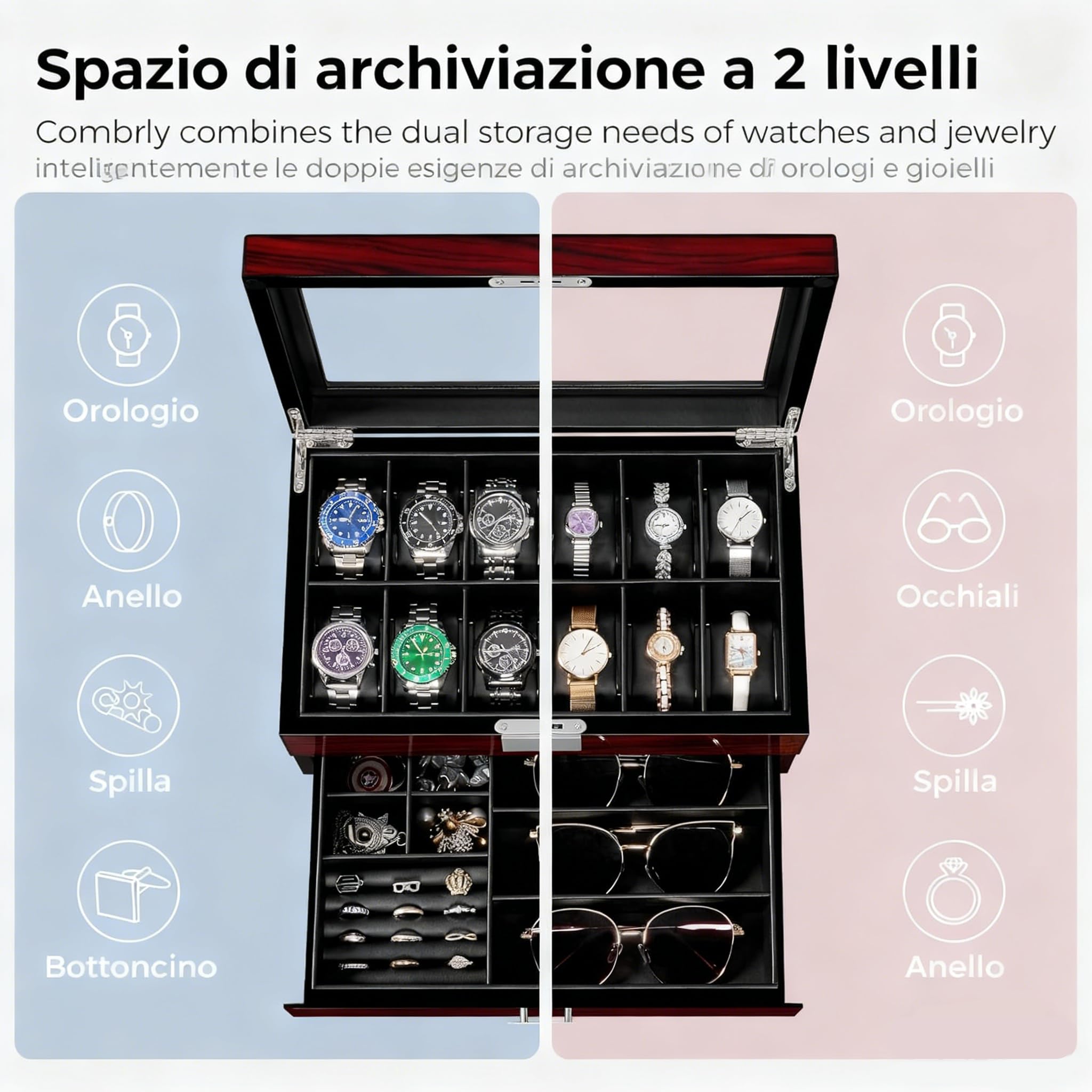 ANWBROAD Custodia per orologi da uomo con coperchio in vetro grande, a 2 livelli, con serratura, organizer per orologi, regalo di lusso JWB003Y