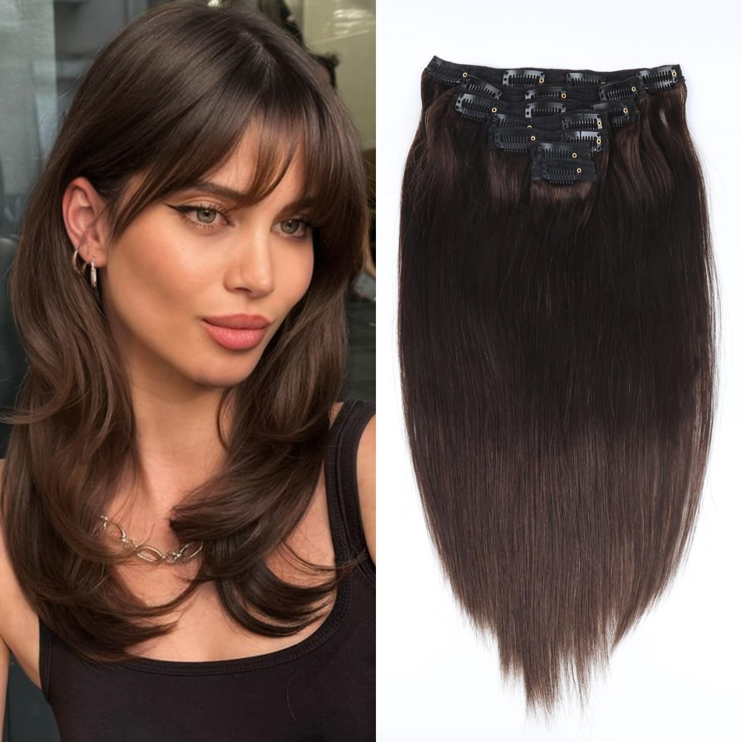 Clip in Hair Extensions Real Human Hair Straight Human Hair Extensions for Women 20 Inch Double Weft 7Pcs Clip ins Brazilian Virgin Human Hair Pieces 120g 16 Clips Dark Brown