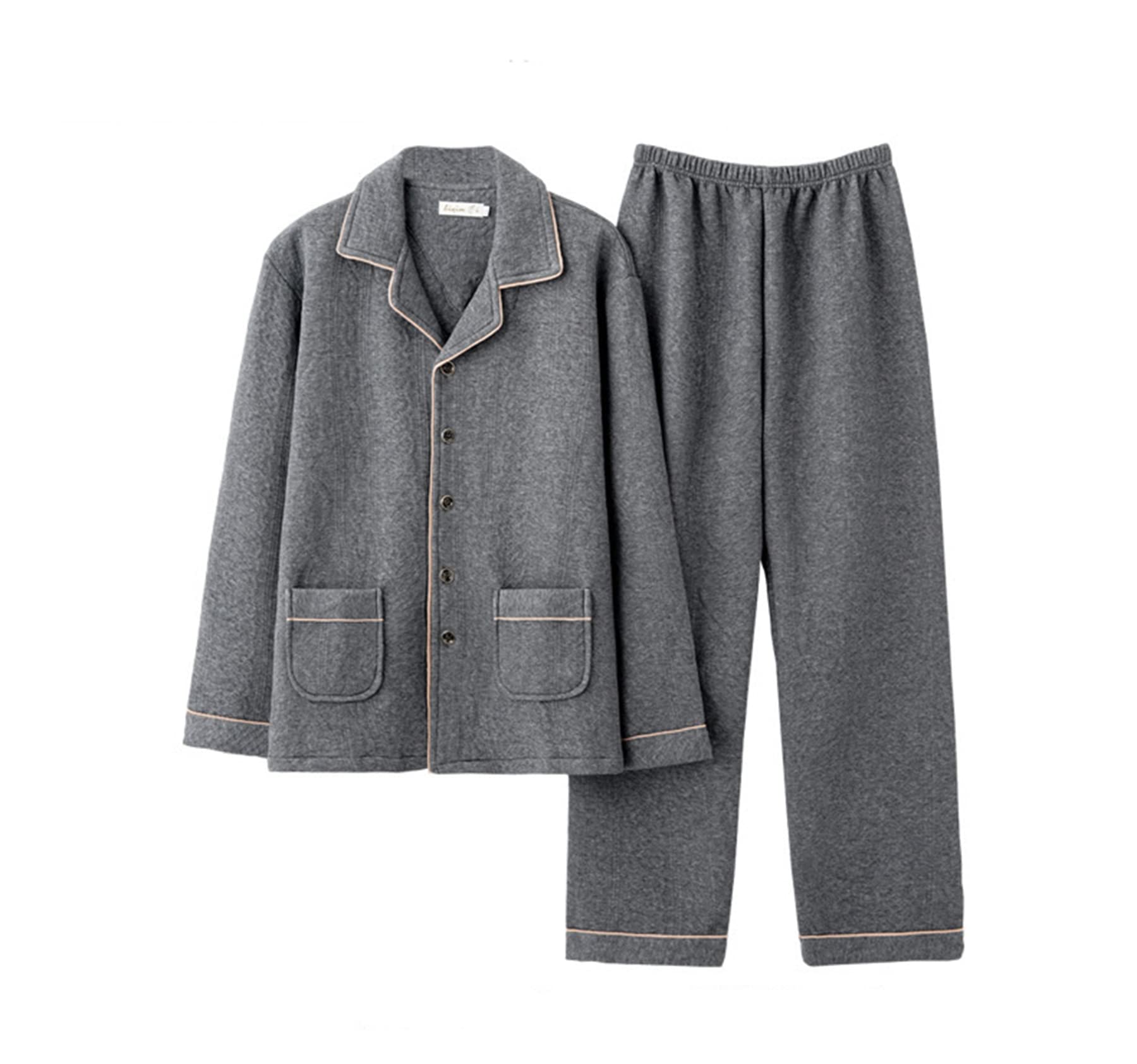 Conjunto de Pijama de 2 Piezas con Cuello en V y Solapa de algodón Grueso para Hombre Conjunto de Pijama de Manga Larga de Talla Grande con Botones Entre Capas