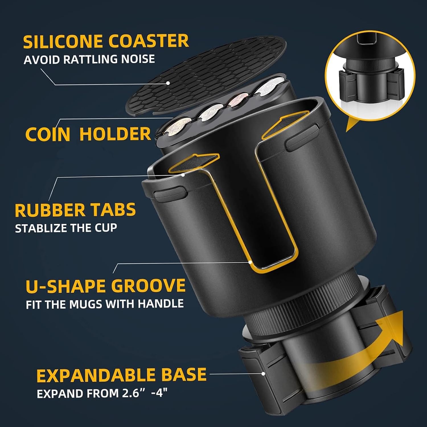 GDQ Car Cup Holder Expander - with Removable Coin Box - Adjustable Base, Universal Fit for Most Vehicles, Compatible with Yeti/Stanley Large Mugs & All Handle Cups, Automotive Interior Storage