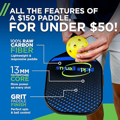 Miniatura 2 de PICKLE GENIUS Raqueta de pickleball 100% fibra de carbono cruda con núcleo de panal de polipropileno de 0.512 in para máxima potencia y acabado de