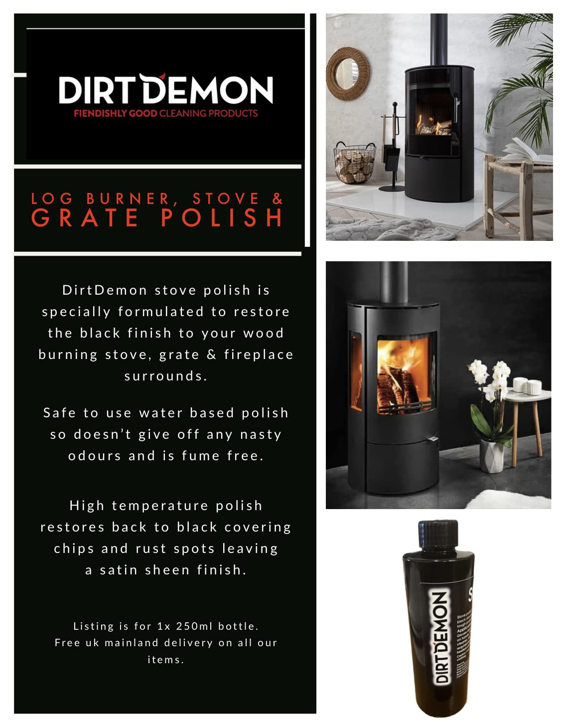 dirt demon 1x 250ml Black Stove Polish for Wood Burners, Fire surrounds,  Grates, Free Shipping : Amazon.co.uk: Grocery
