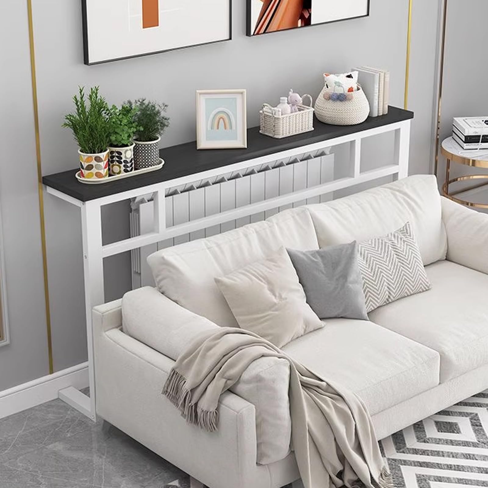 Wielofunkcyjna półka grzejnikowa z górną częścią Sto Over Radiator, sofa, stół, solidna, pogrubiona stal, do przedpokoju i przedpokoju, czarna (120 x 20 x 90 cm)