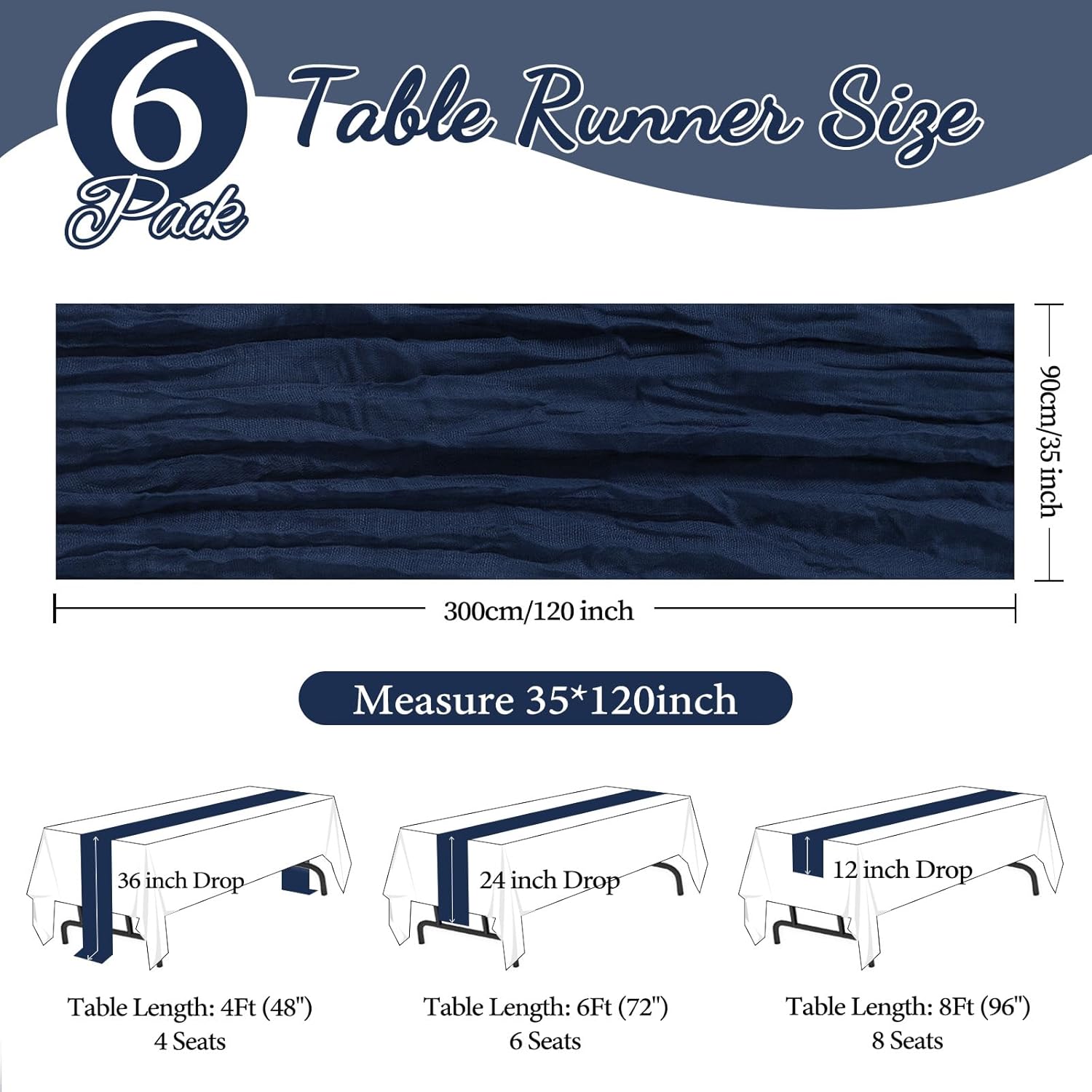 6 Pack Navy Blue Cheesecloth Table Runner 35x120 Inch Gauze Rustic Boho Table Runner 10FT Cheese Cloth for Wedding Decor Birthday Party Bridal Baby Shower Table Decoration