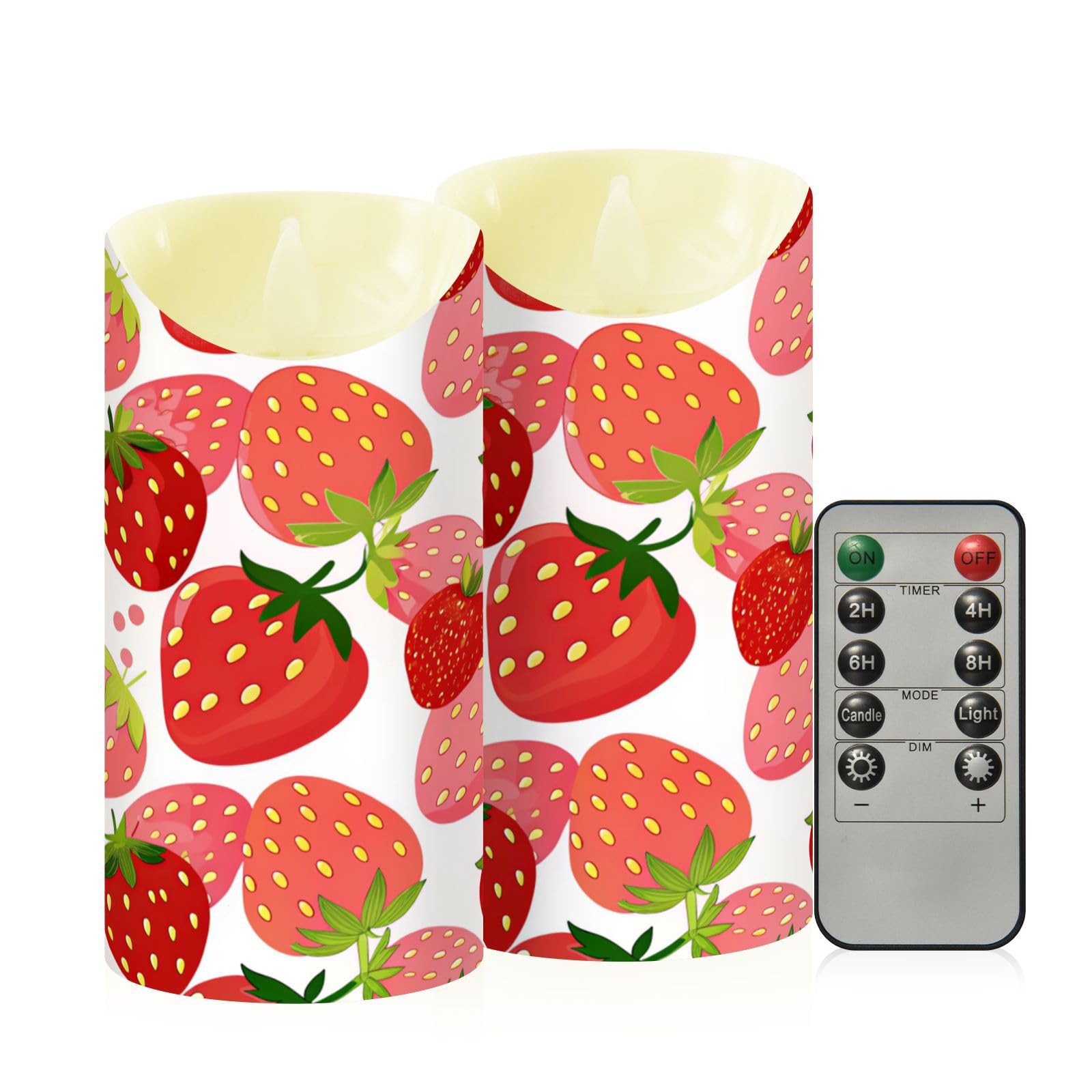Ewusp Strawberry Flameless Candles Battery Operated Flickering LED Pillar Candles Set of 2 with Remote Control & Timer, for Home Decor Wedding Holiday Party Centerpieces