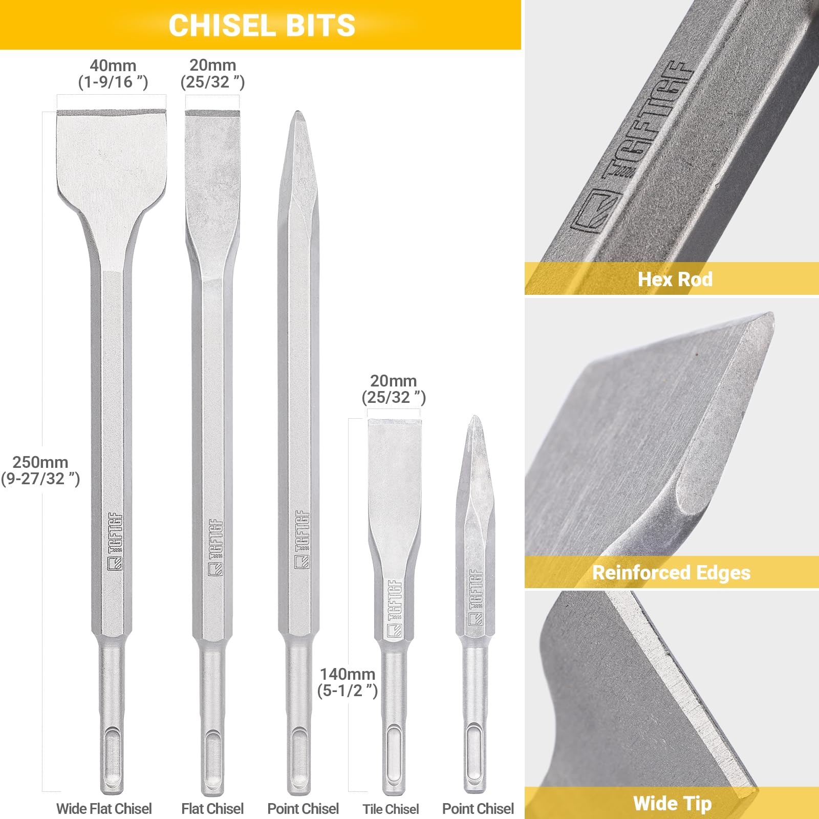 TGFTGF Juego de 17 brocas y cinceles de martillo giratorio SDS Plus, puntas de carburo YG8C, brocas SDS Plus, juego de brocas de mampostería para hormigón, ladrillo y piedra, con estuche de