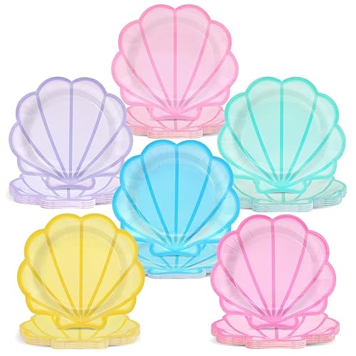 Naozinebi 60Pcs Pastel Seashell Paper Plates Mermaid Birthday Party Supplies