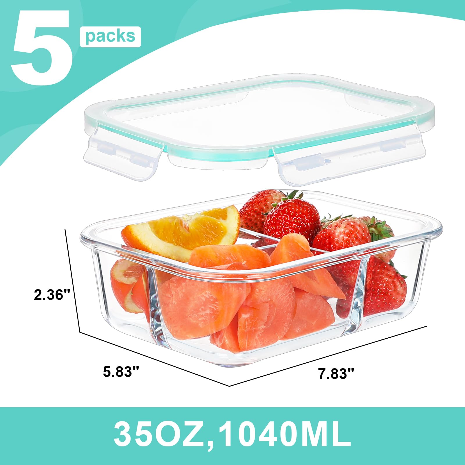 BAYZZ Confezione da 5 contenitori per alimenti in vetro da 992,2 g, 3 scomparti, contenitori per alimenti in vetro con coperchio, ermetici, contenitori per il pranzo, adatti per microonde,