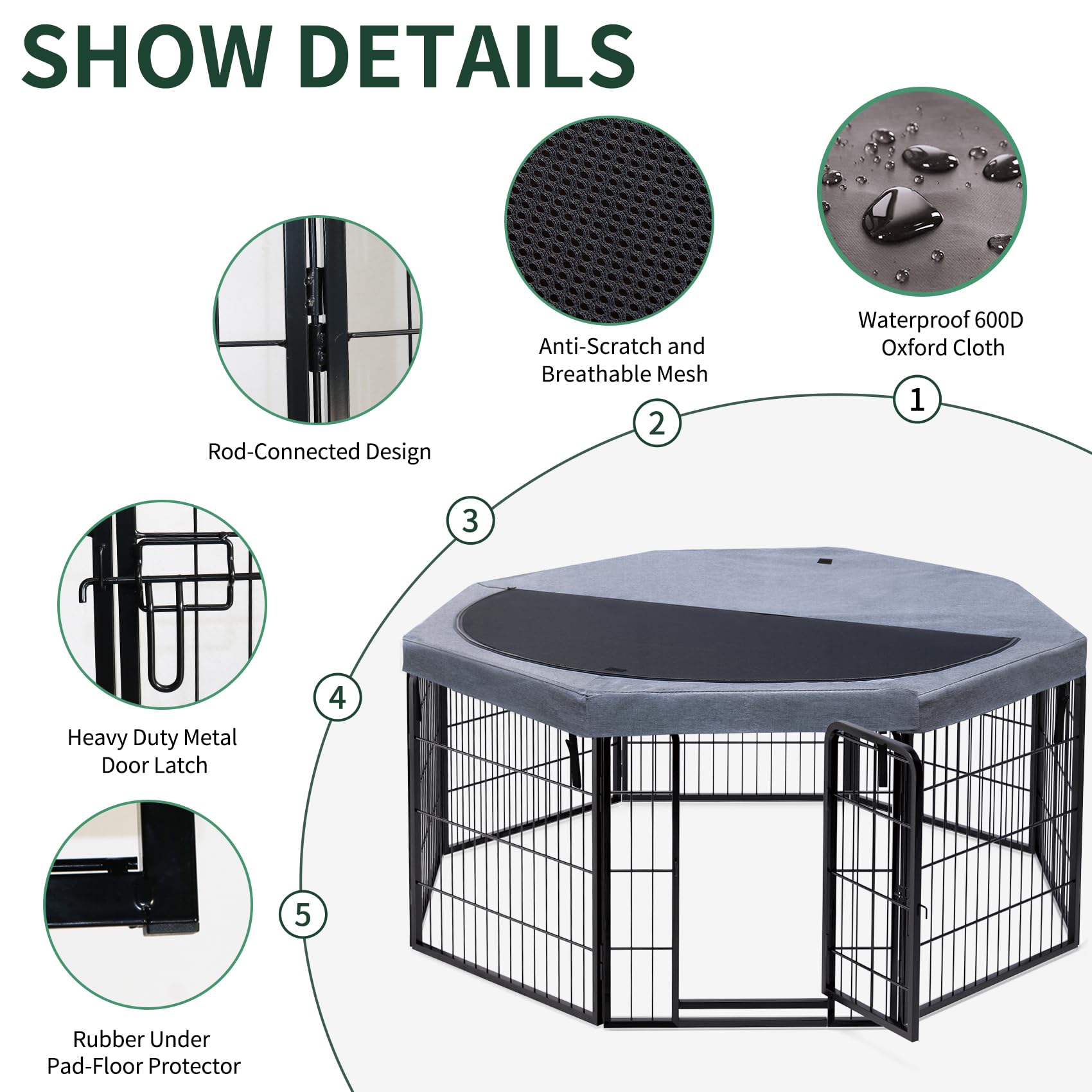 PETIME Recinzione per cani in metallo, resistente, per interni ed esterni, 55,9 x 61 cm (larghezza x altezza), 8 pannelli, con copertura superiore ottagonale