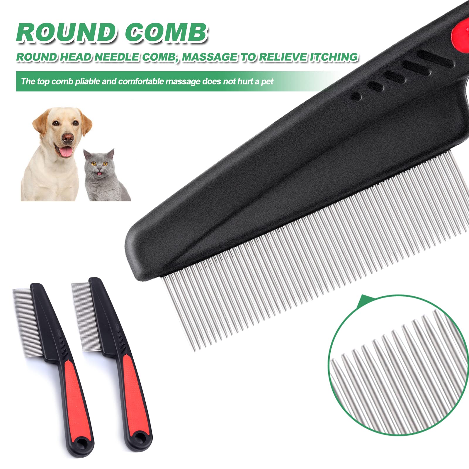 Lice Flea Comb Lot de 2 peignes anti-puces professionnels pour chiens et chats Peigne à poux Peigne à poussière Peigne à puces Peigne à dents grossières et fines en acier inoxydable