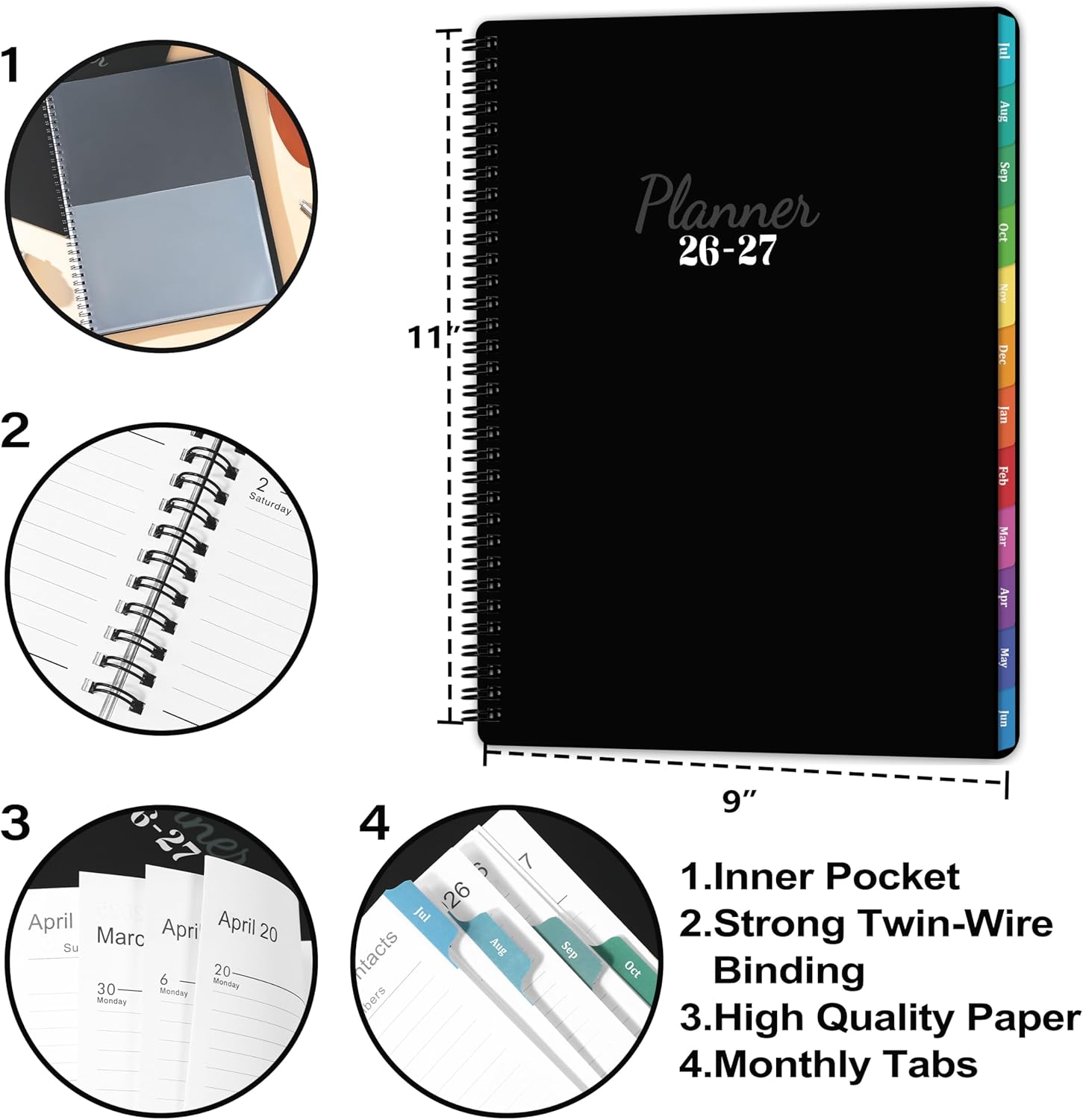 Academic Planner 2026-2027 - Planner Weekly and Monthly 2026-2027, Jul. 2026 - Jun. 2027 11'' x 9'', Planner 26-27 with Colorful Tabs, Premium Paper, Twin-wire Binding - Classic Black - Image 6