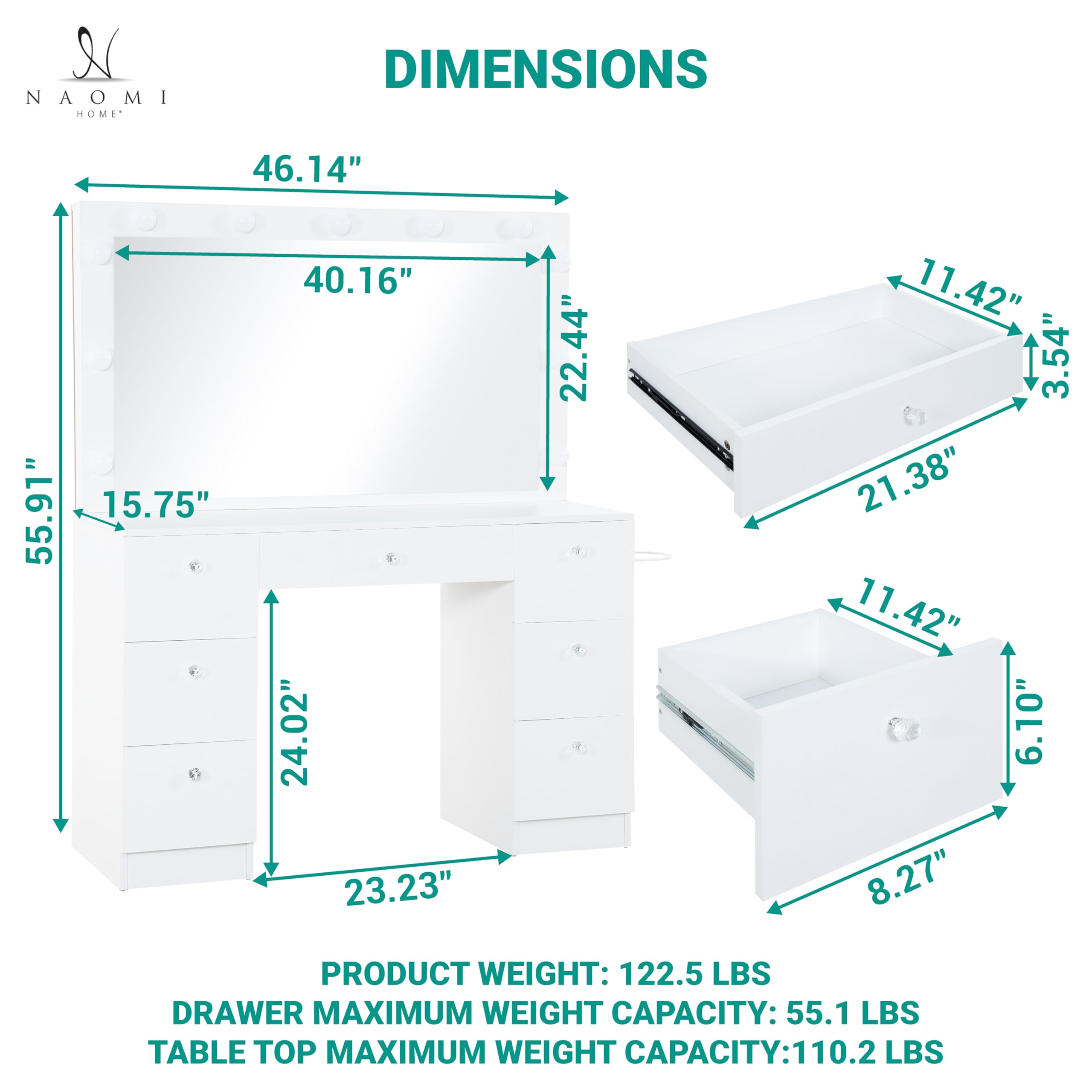 Naomi Home Vera Vanity Set – Makeup Desk with Mirror, 11 LED Lights, Adjustable Brightness & 3 Lighting Modes – Includes Chair and 7 Storage Drawers