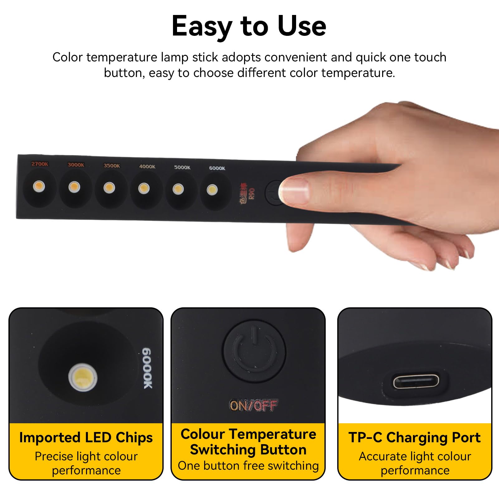 Pwshymi Bâton De Lampe Portable à Température De Couleur Rechargeable, Lumineuse De Photographie 2700K-6000K à 6 Modes, Avec Tests Précis, éclairage Quotidien, Lumière De