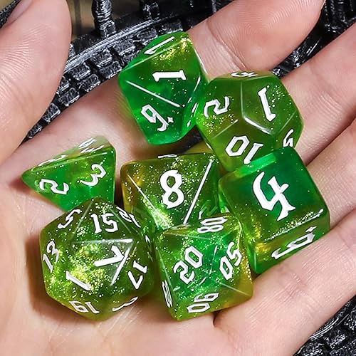 Miniatura 7 de CiaraQ DND - Juego de dados poliédricos para juegos de rol de Dungeons and Dragons RPG MTG, con 1 bolsa de dados (verde con amarillo + purpurina)